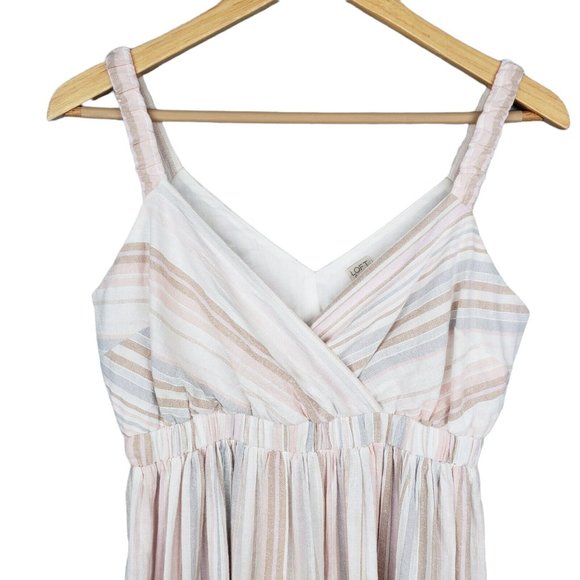 Loft Beach Cotton Linen Blend Striped Midi Dress Neutral Elasticized Waist XXS - Picture 2 of 8